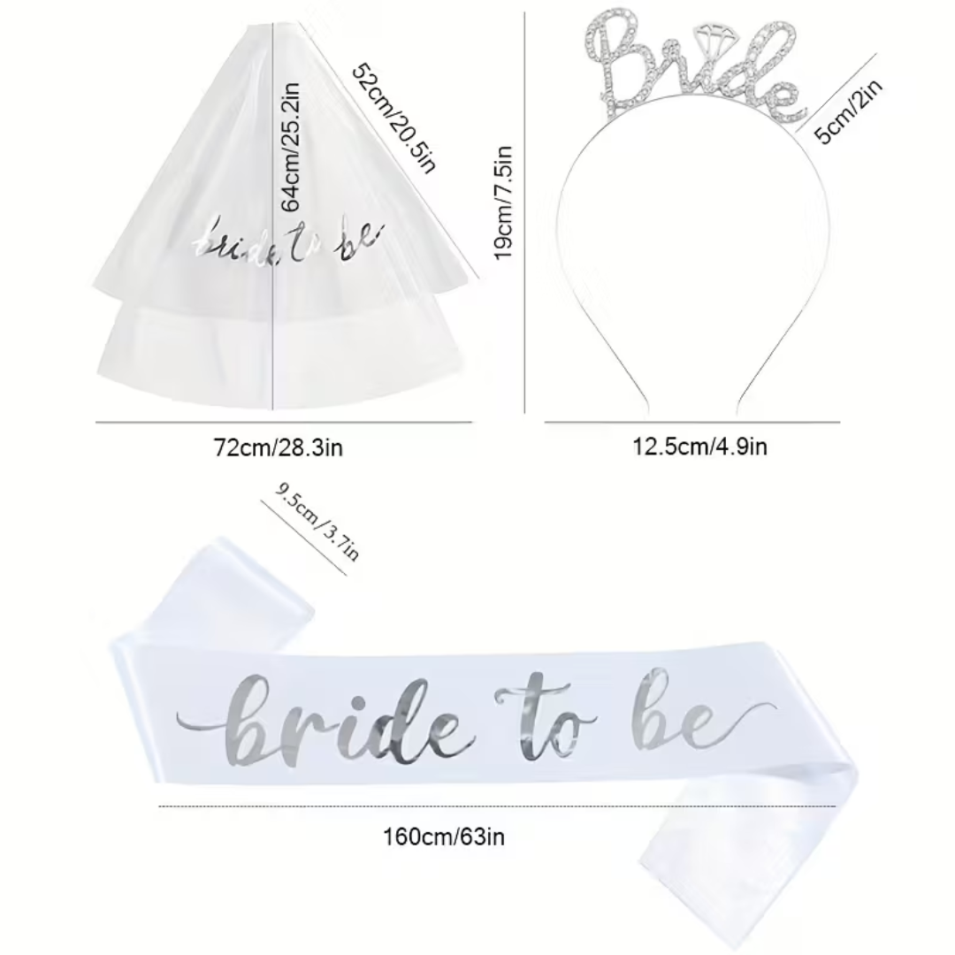 3pcs White and silver Bride to be Sash Bride Crown and Veil Set