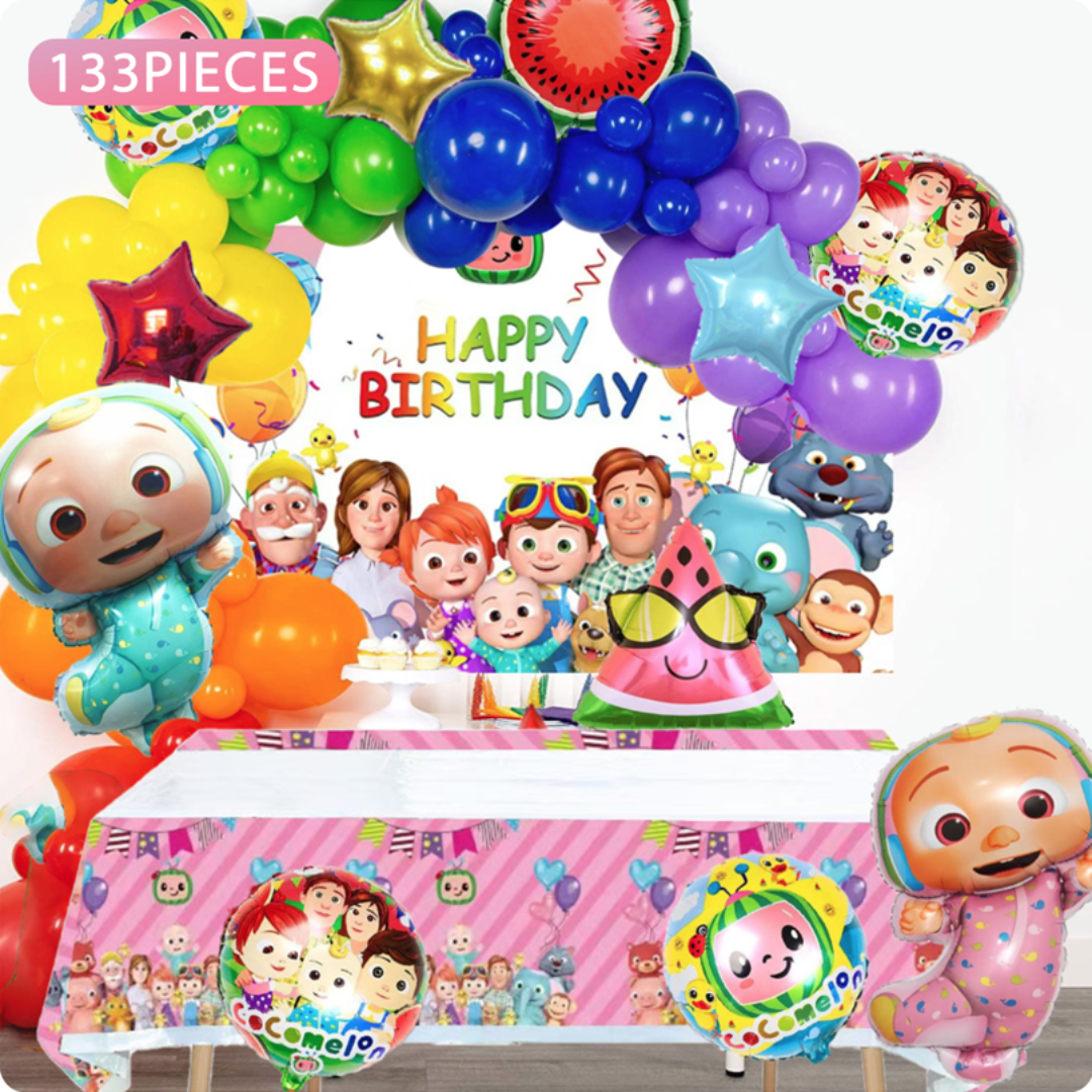 133pcs Pink Girl Cocomelon Birthday Decoration Kit with Backdrop and Table Cover