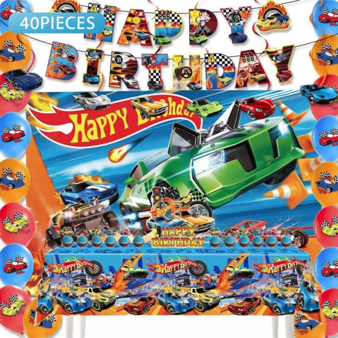 40pcs Hot Wheels Birthday Decoration Kit with Backdrop and Table Cover