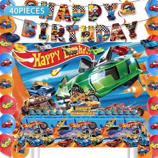 40pcs Hot Wheels Birthday Decoration Kit with Backdrop and Table Cover