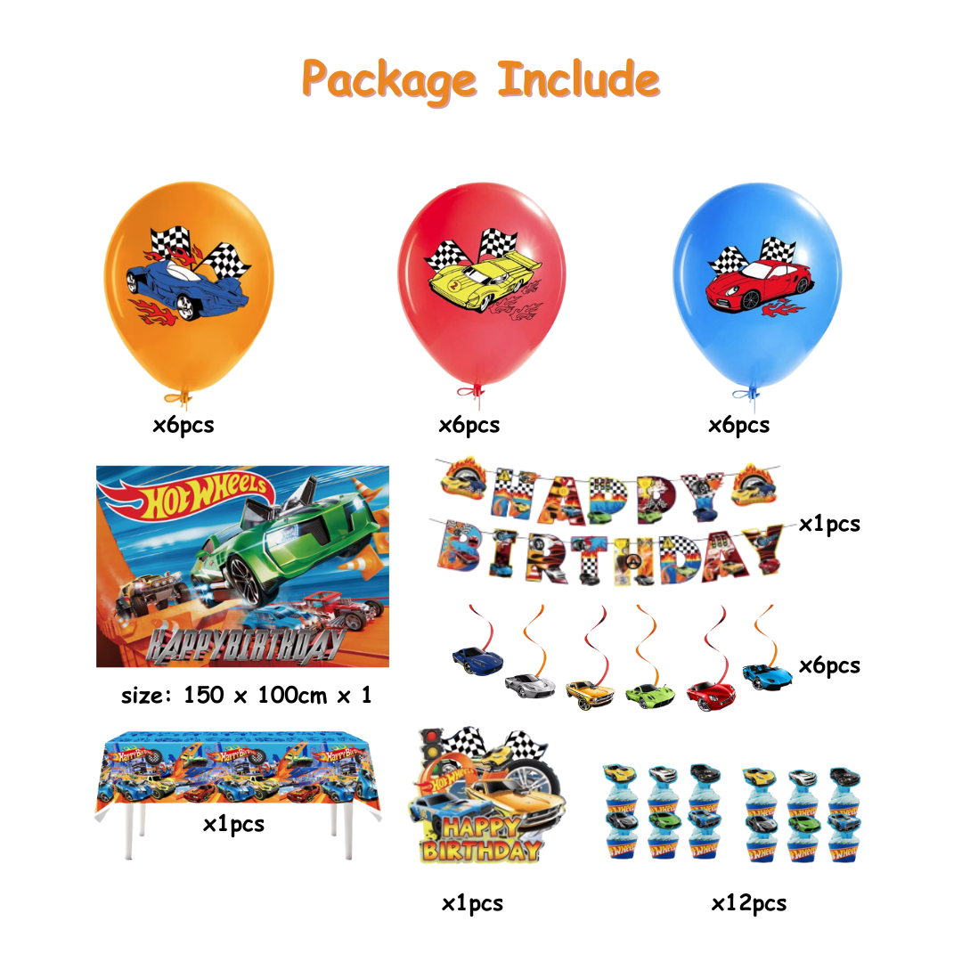 40pcs Hot Wheels Birthday Decoration Kit with Backdrop and Table Cover