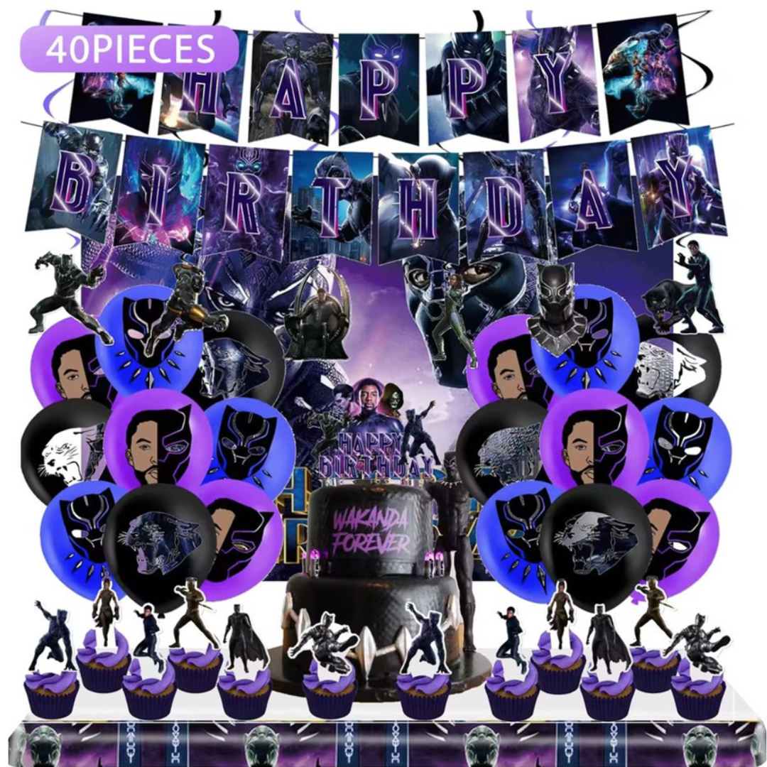 40pcs Black Panther Birthday Decorations Kit with Backdrop and Table Cover