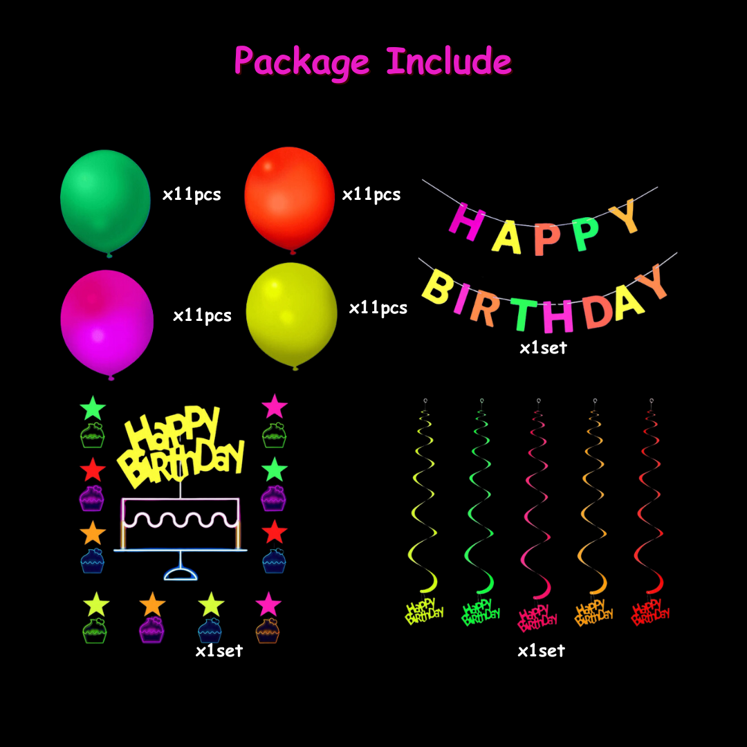 52pcs Glow in the Dark Neon Birthday Fluorescent Balloon Decoration Kit with Banner