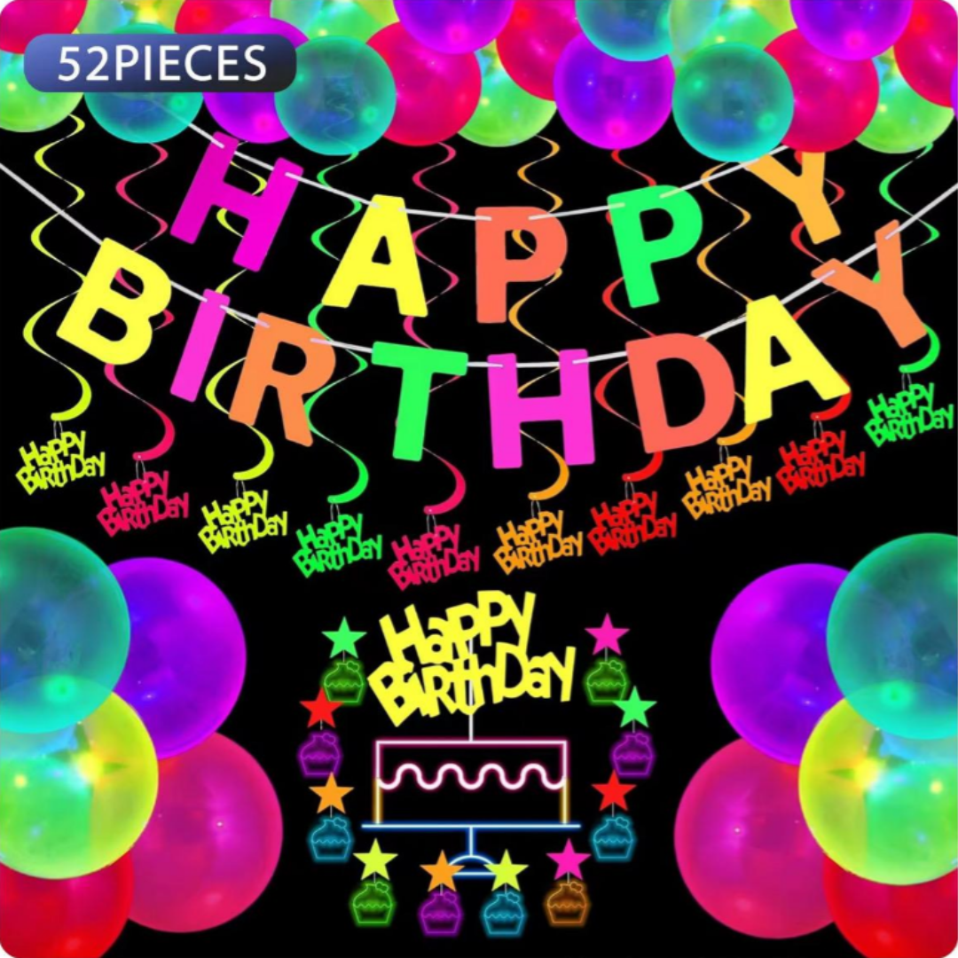 52pcs Glow in the Dark Neon Birthday Fluorescent Balloon Decoration Kit with Banner