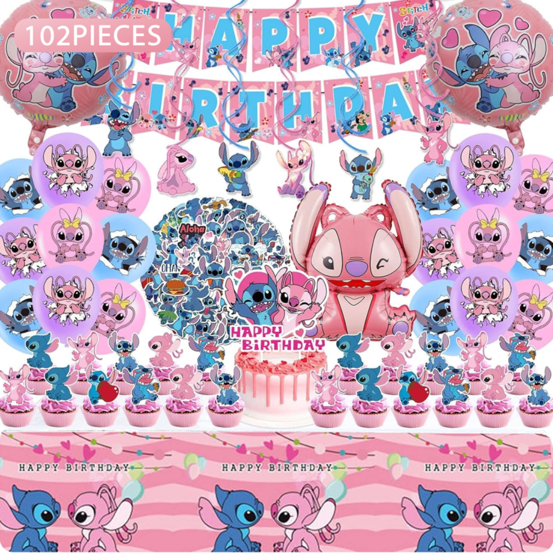 102pcs Pink Girl Stitch Birthday Decorations with Backdrop and Table Cover