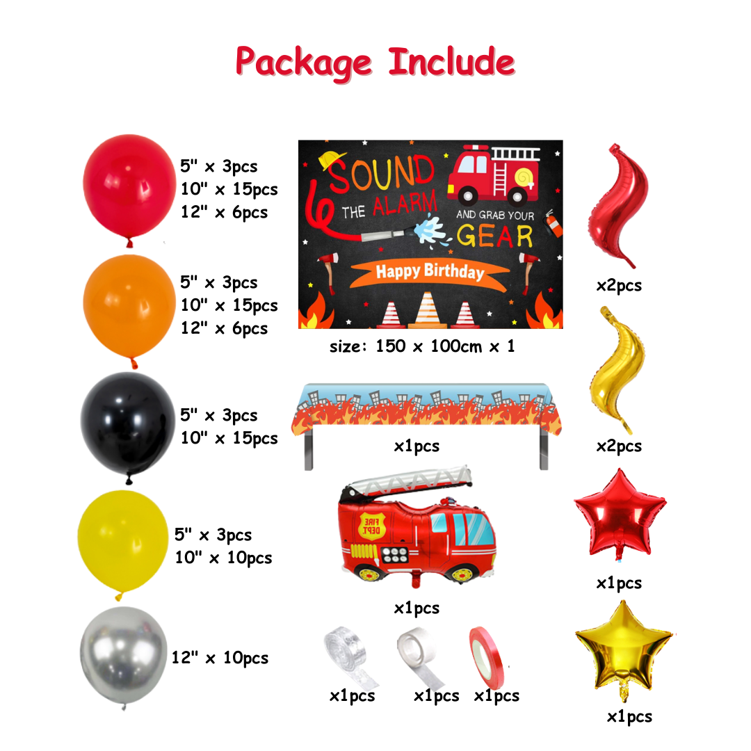 96pcs Fire Truck Birthday Decoration Kit with Backdrop and Table Cover