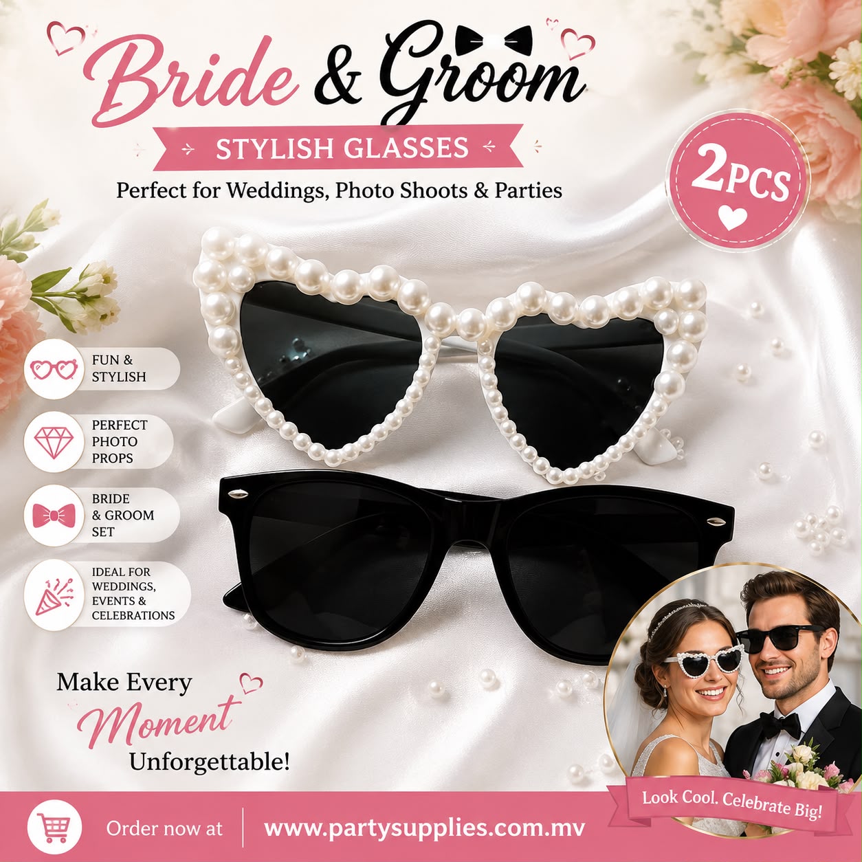Pair of Bride Groom Wedding Prop Glasses