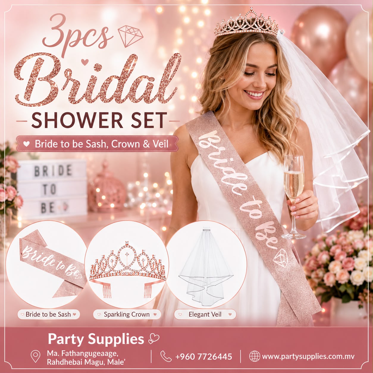 Rose Gold Bride to be Party Sash, Crown and Veil Set
