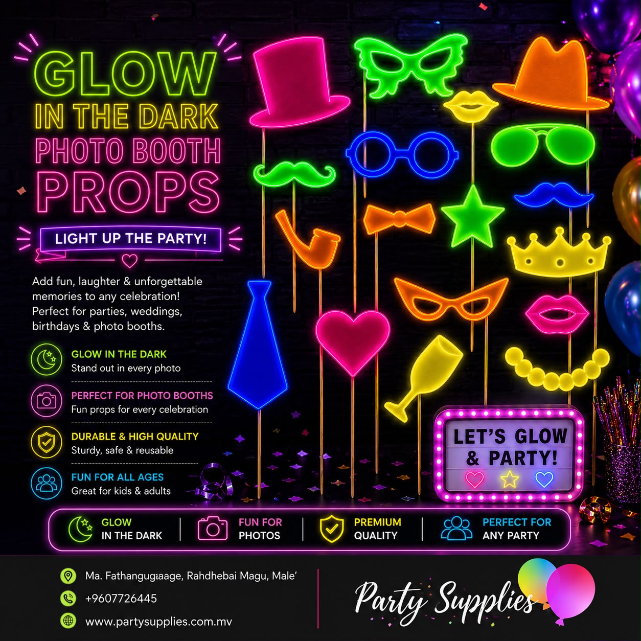 18pcs Glow in the Dark Neon Fluorescent Party Photo Booth Props