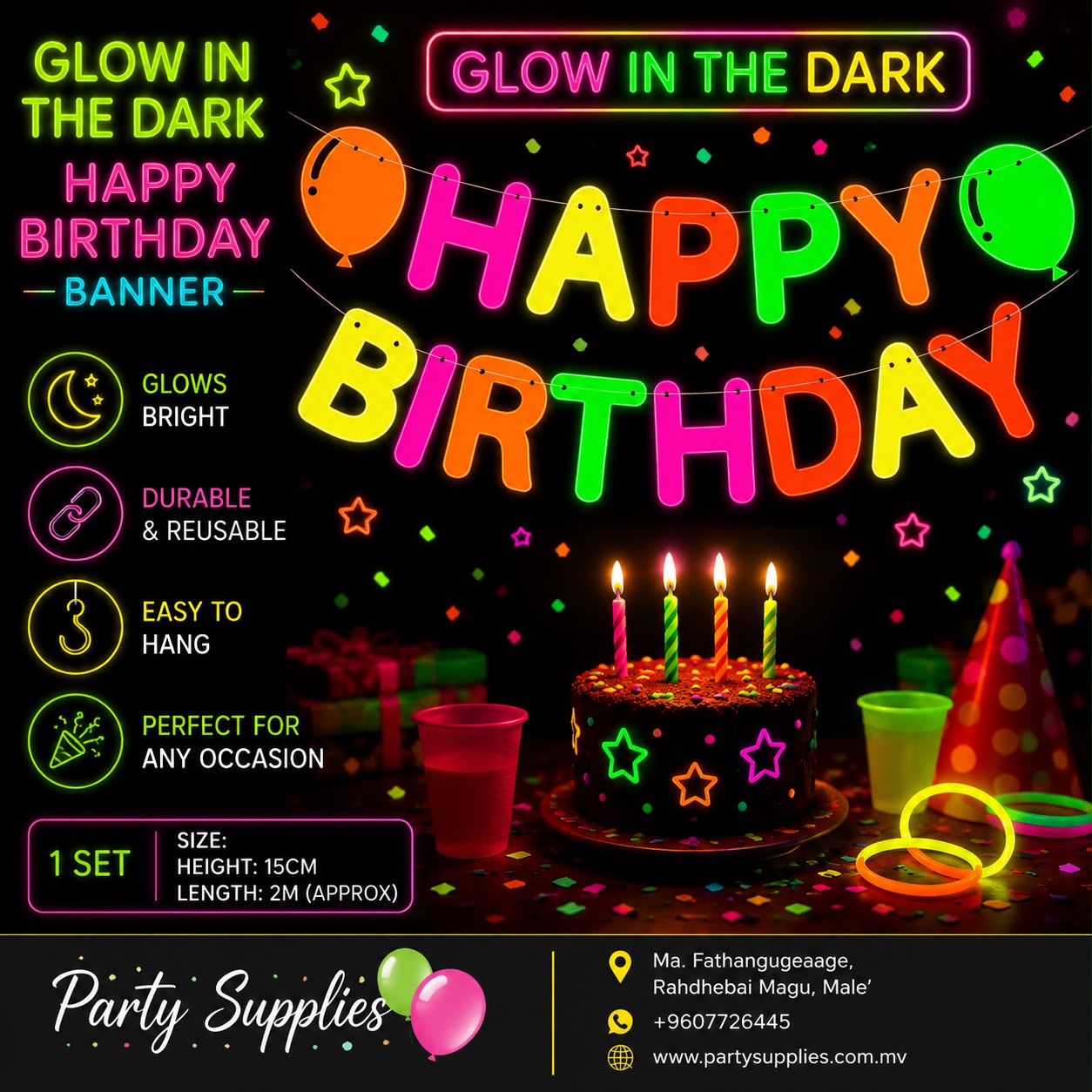 Glow in the Dark Neon Fluorescent Happy Birthday Banner