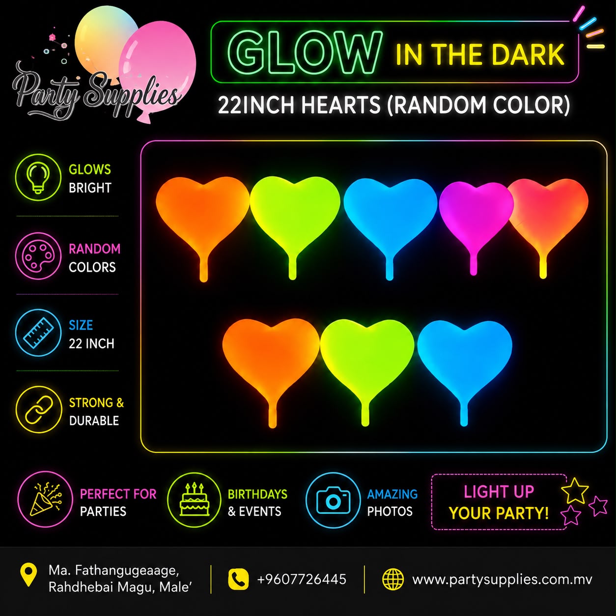 6pcs Glow in the Dark Neon Fluorescent Random Colour 22inch Foil Hearts