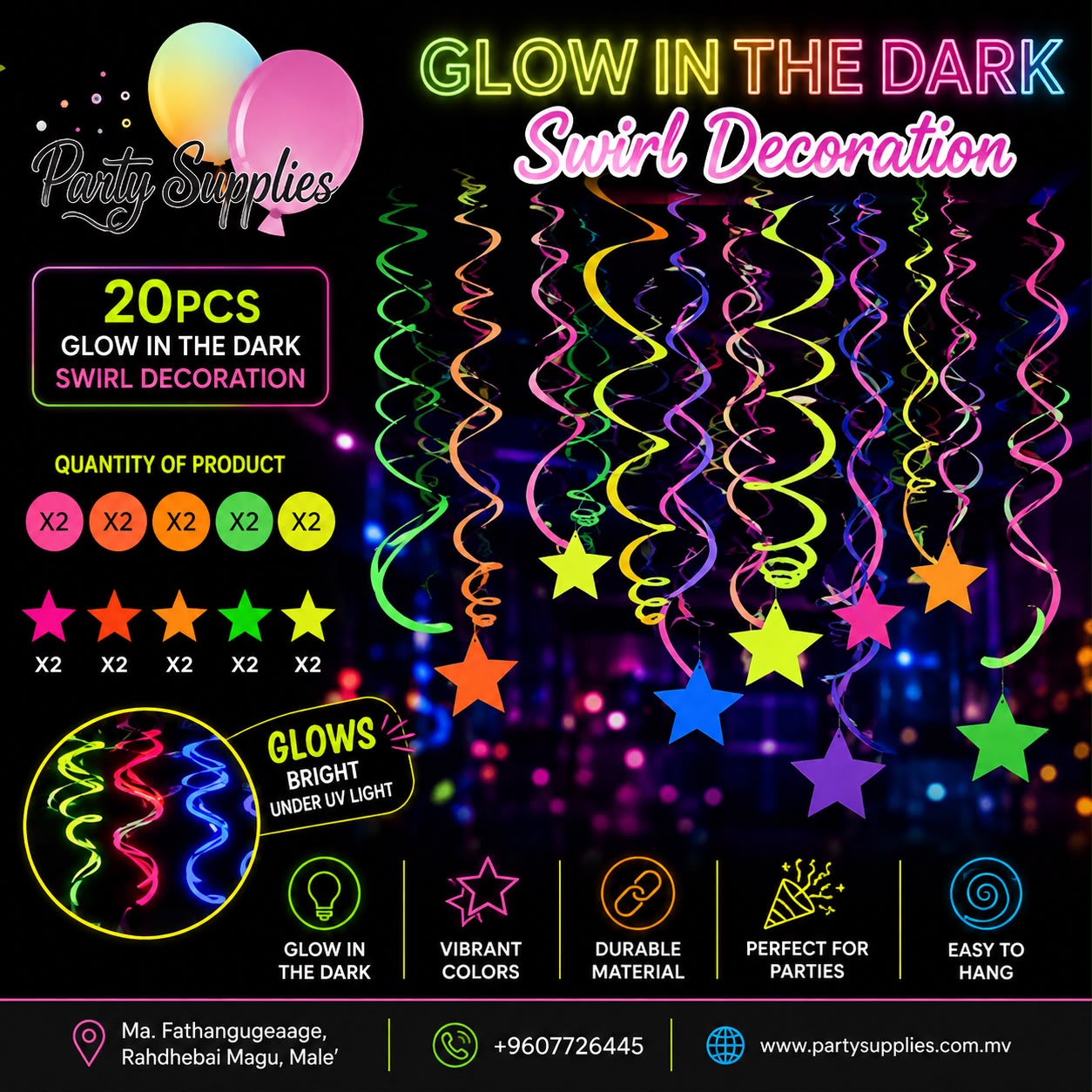 20pcs Glow in the Dark Neon Fluorescent Swirl Decorations