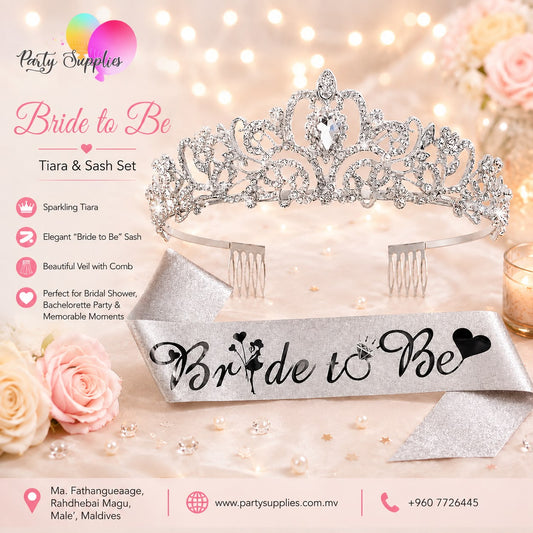 Glitter Silver Sash with Black Bride to Be and Rhinestone Bridal Crown Set