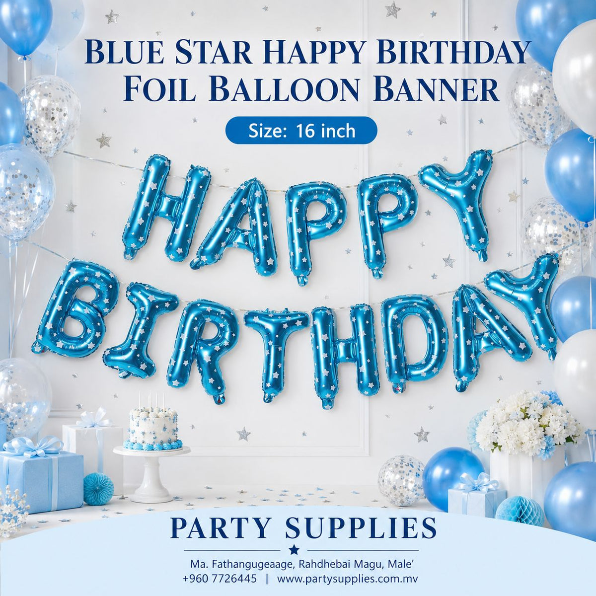 16inch Blue with stars Happy Birthday Foil Banner