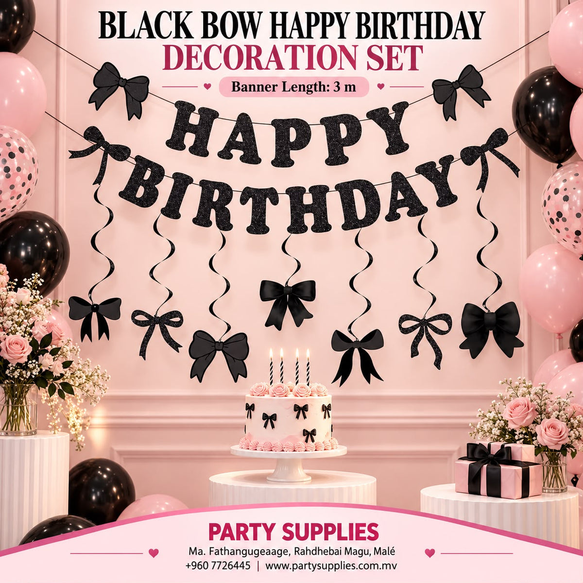 Black Bow Happy Birthday Decoration Set