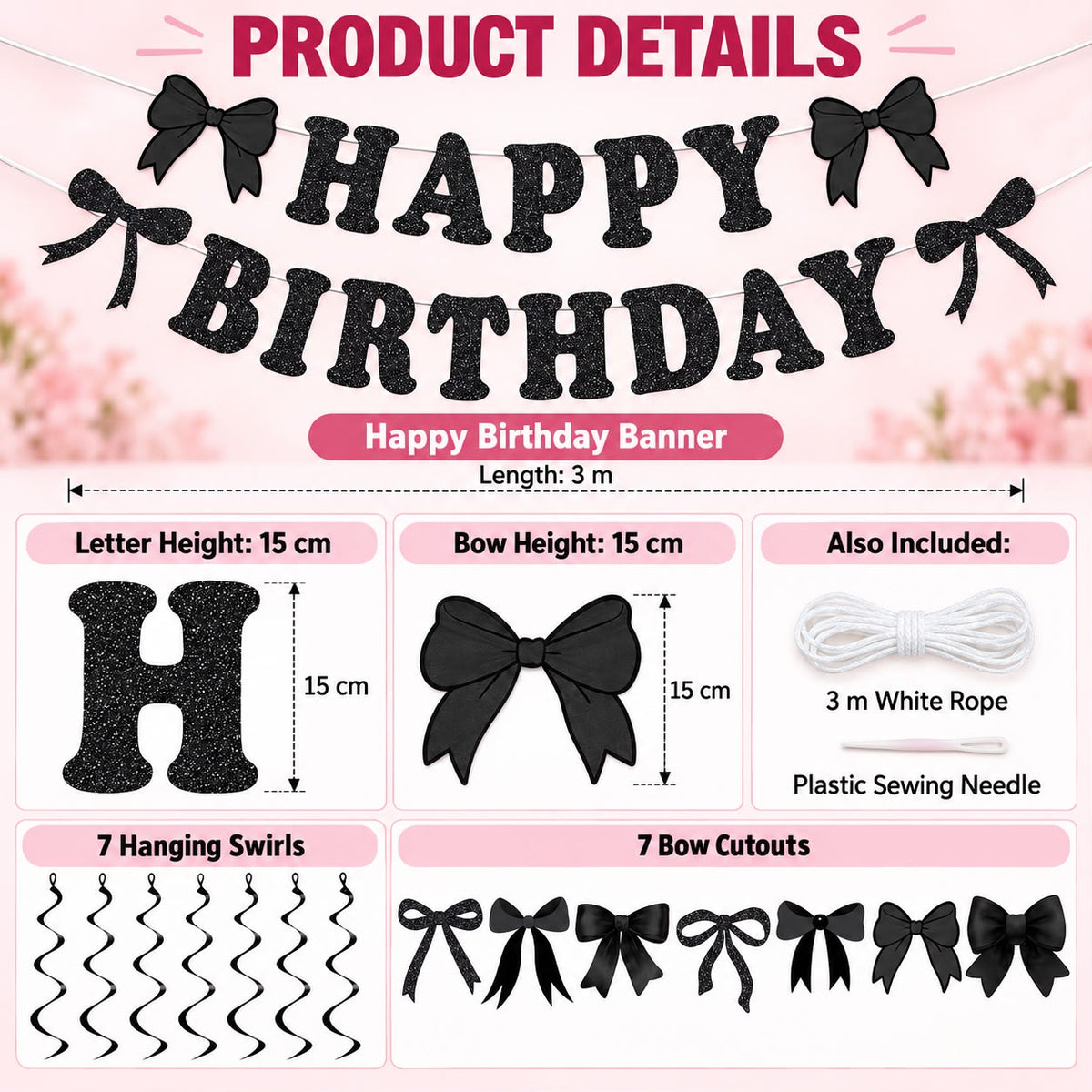 Black Bow Happy Birthday Decoration Set