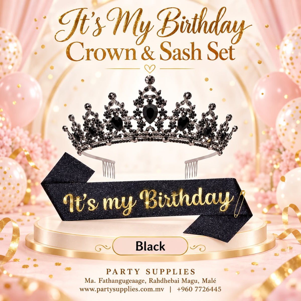 Black It’s My Birthday” Crown & Sash Set