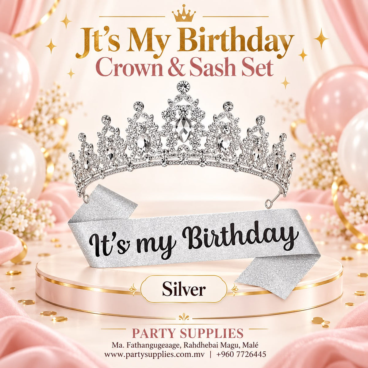 Silver It’s My Birthday” Crown & Sash Set