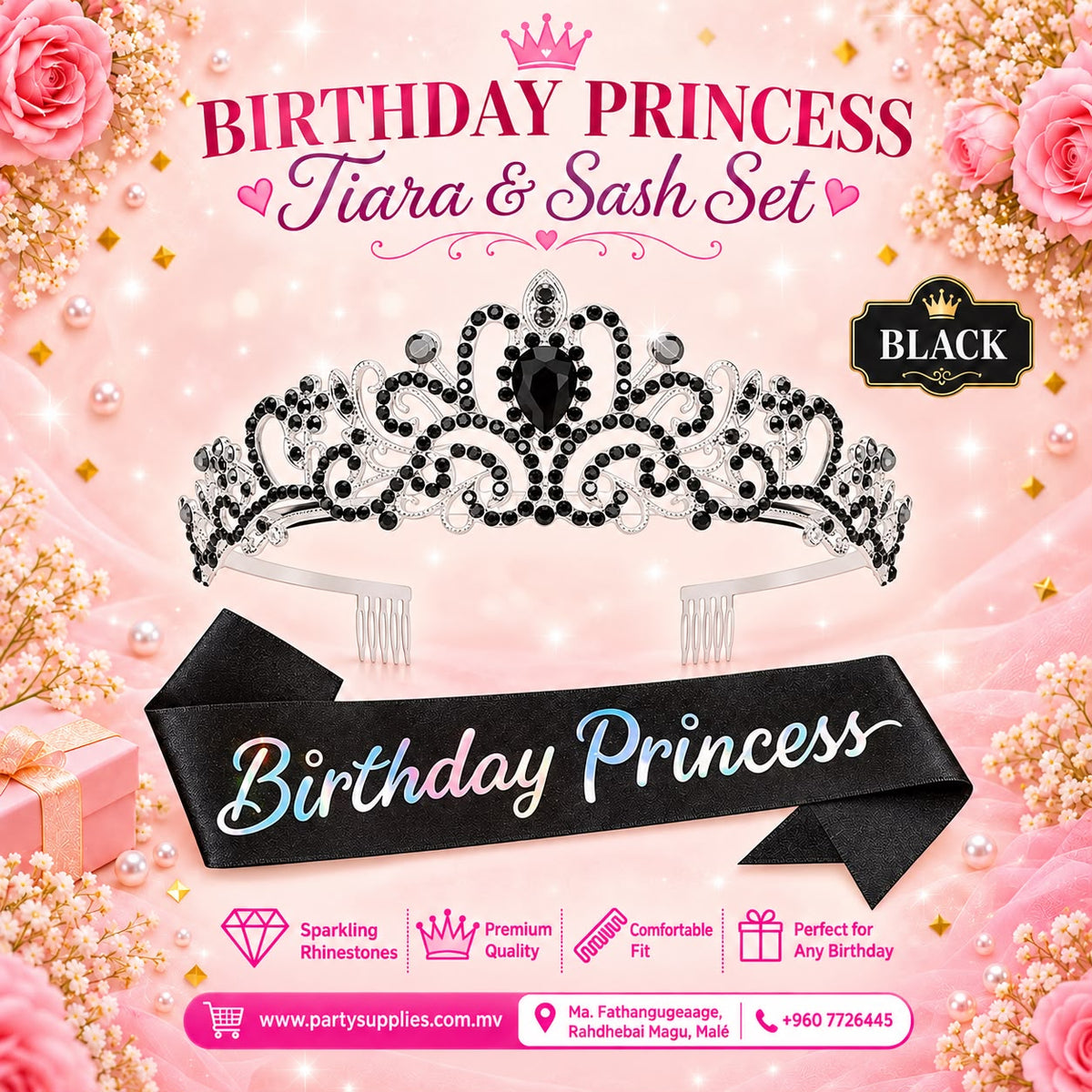 Black Birthday Princess Sash and Crown Set