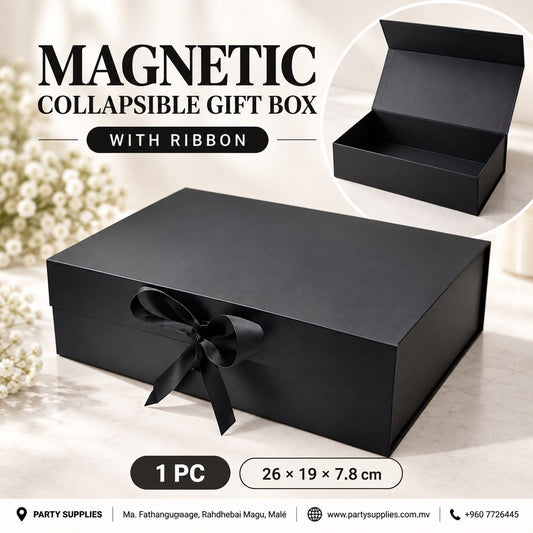 Black Magnetic Collapsible Gift Box with Ribbon (26 × 19 × 7.8 cm)