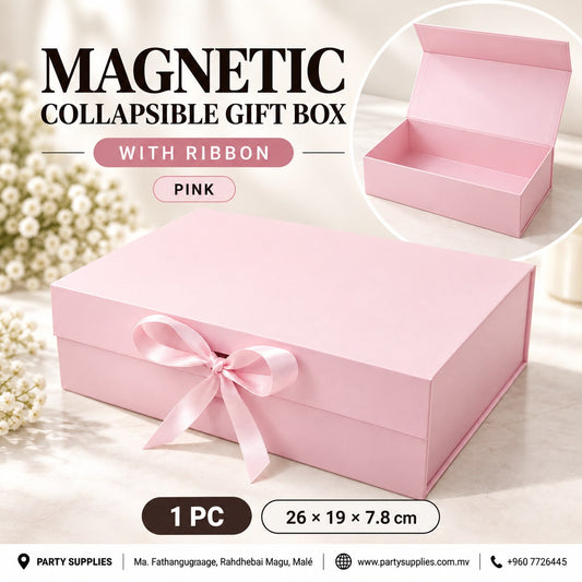 Pink Magnetic Collapsible Gift Box with Ribbon (26 × 19 × 7.8 cm)