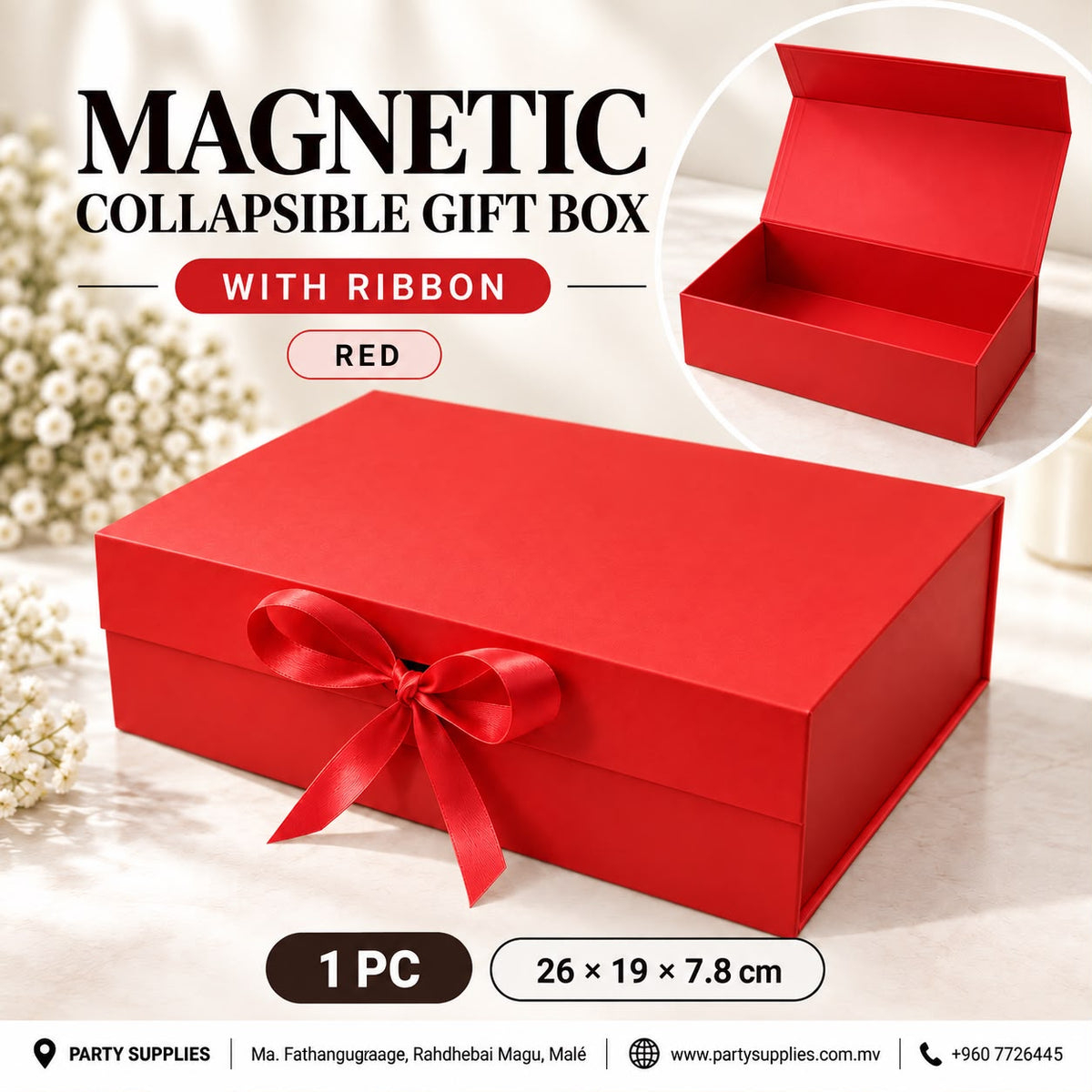 Red Magnetic Collapsible Gift Box with Ribbon (26 × 19 × 7.8 cm)