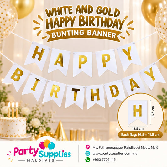 White and Gold Happy Birthday Bunting Banner