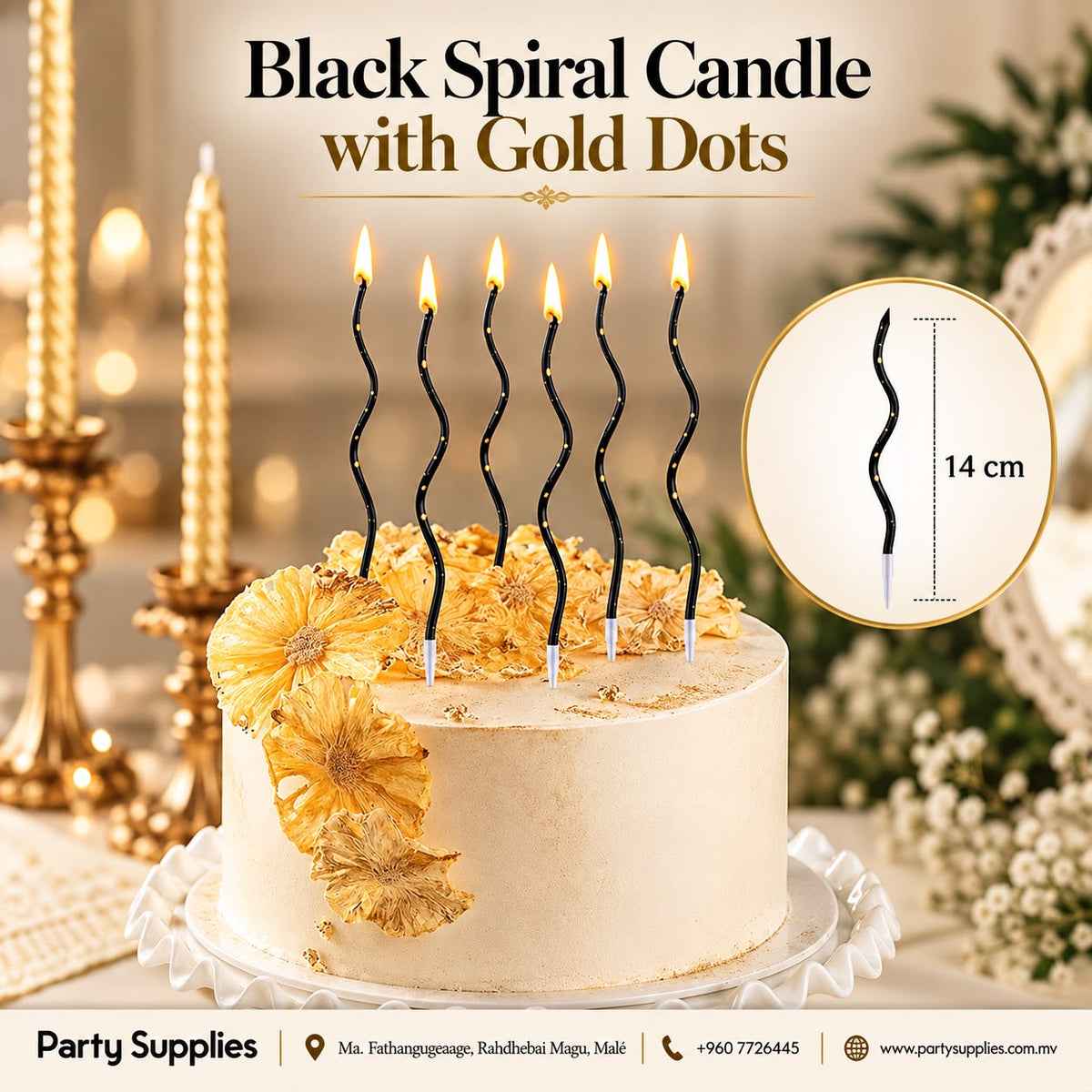 Black Spiral wave Candle with Gold Dots