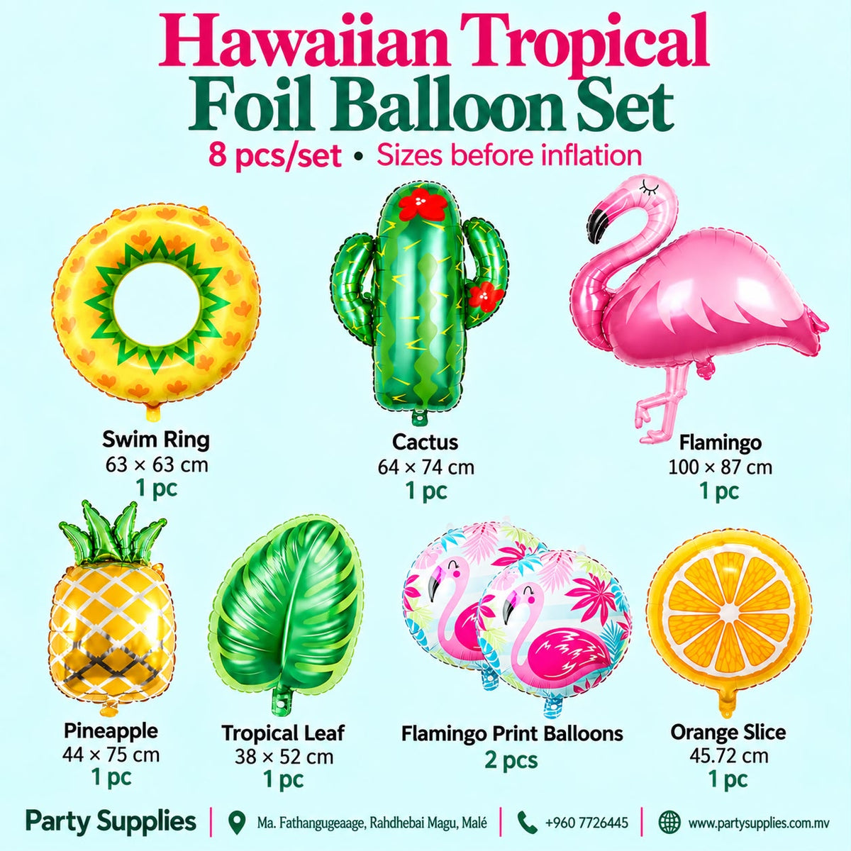 8-piece Hawaiian Tropical Foil Balloon Set