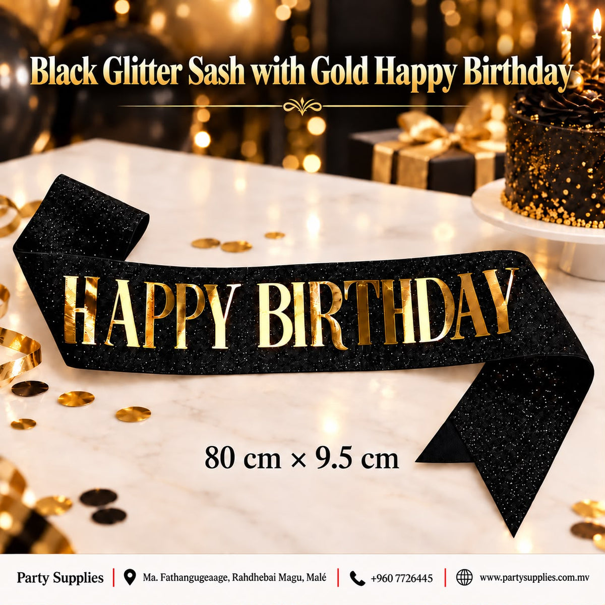 Black Glitter Sash with Gold “Happy Birthday
