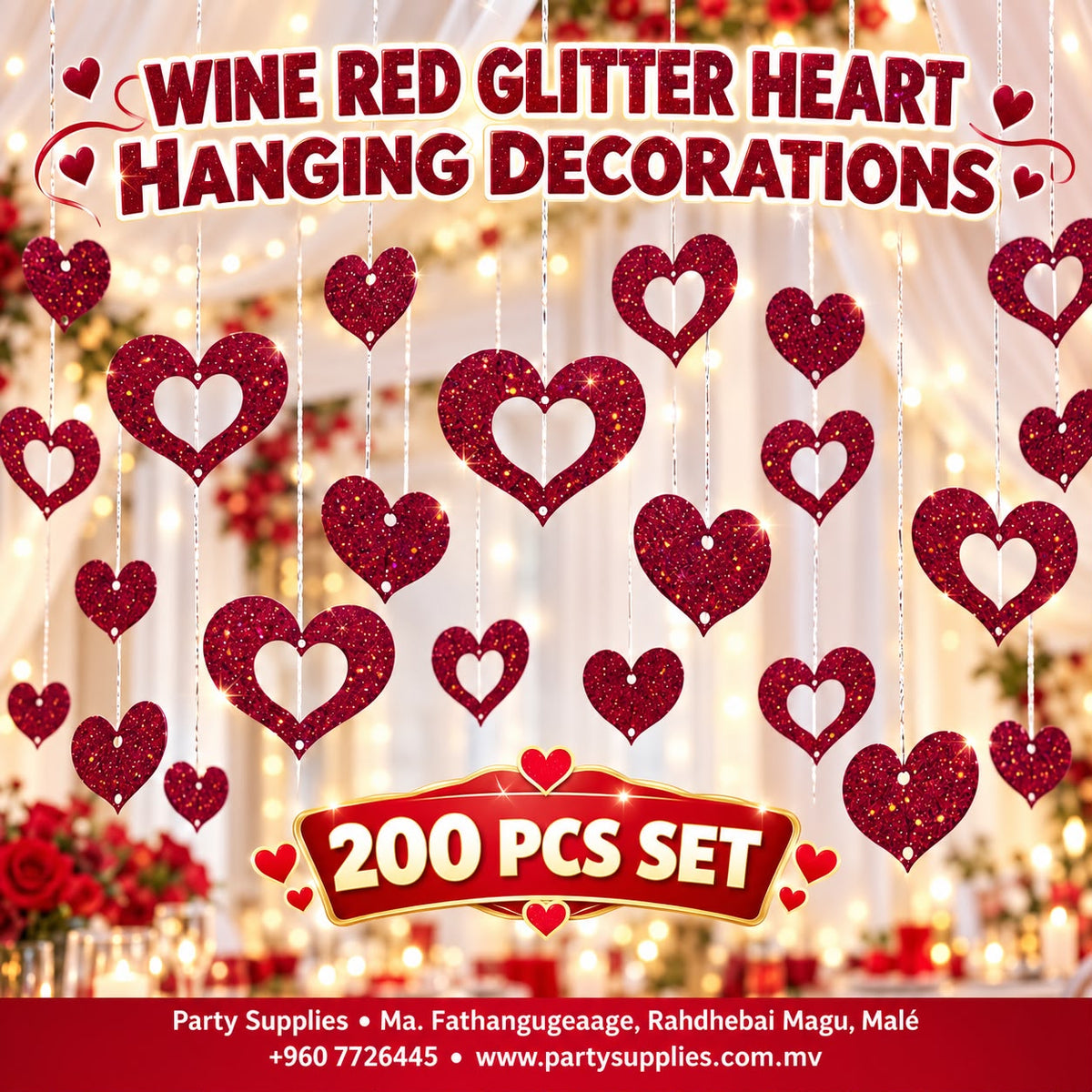 200pcs Wine Red Glitter Heart Hanging Decorations