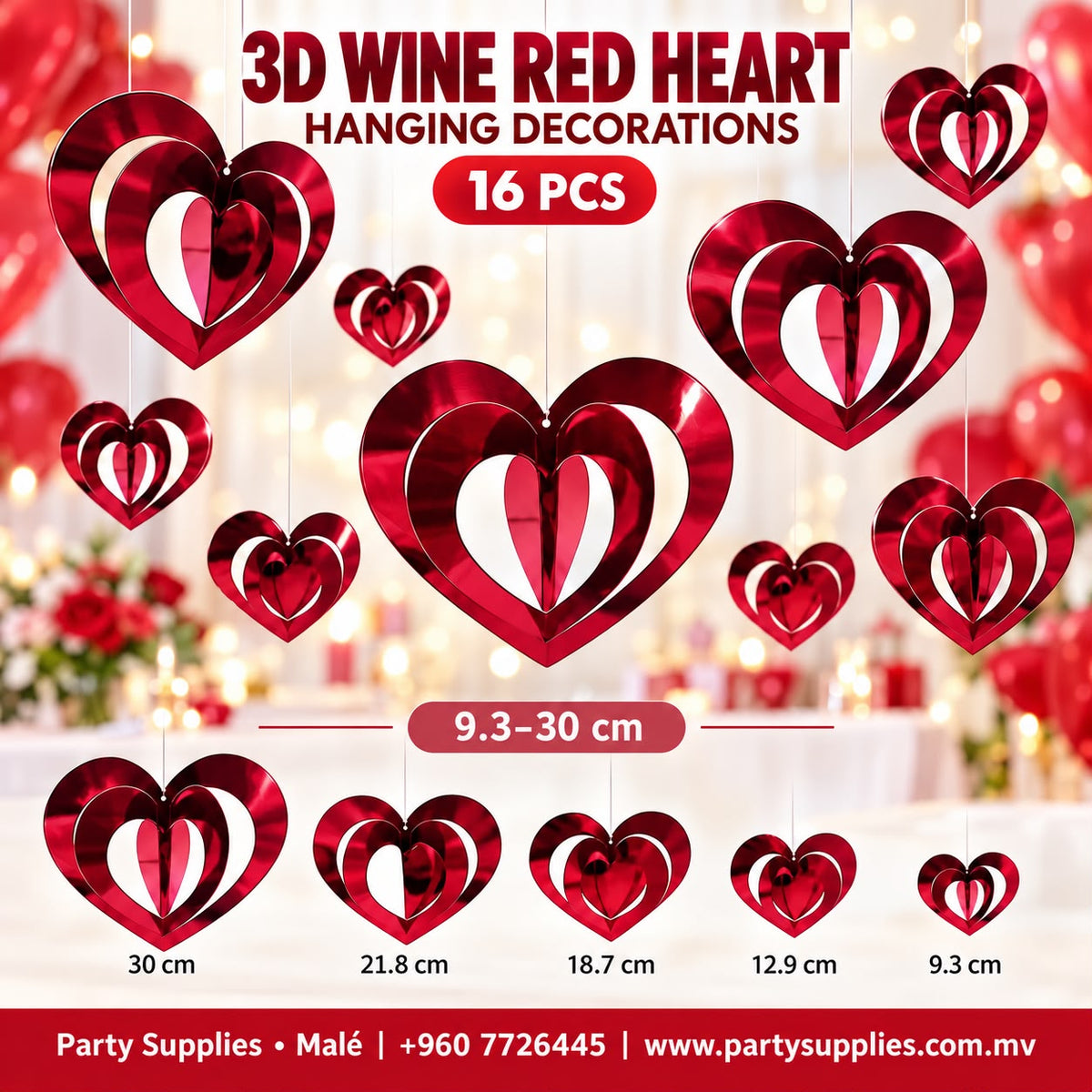 16pcs 3D Wine Red Heart Hanging Decorations
