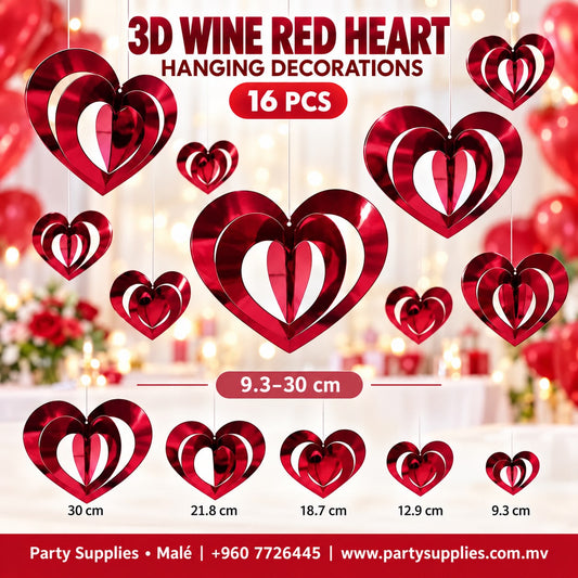 16pcs 3D Wine Red Heart Hanging Decorations