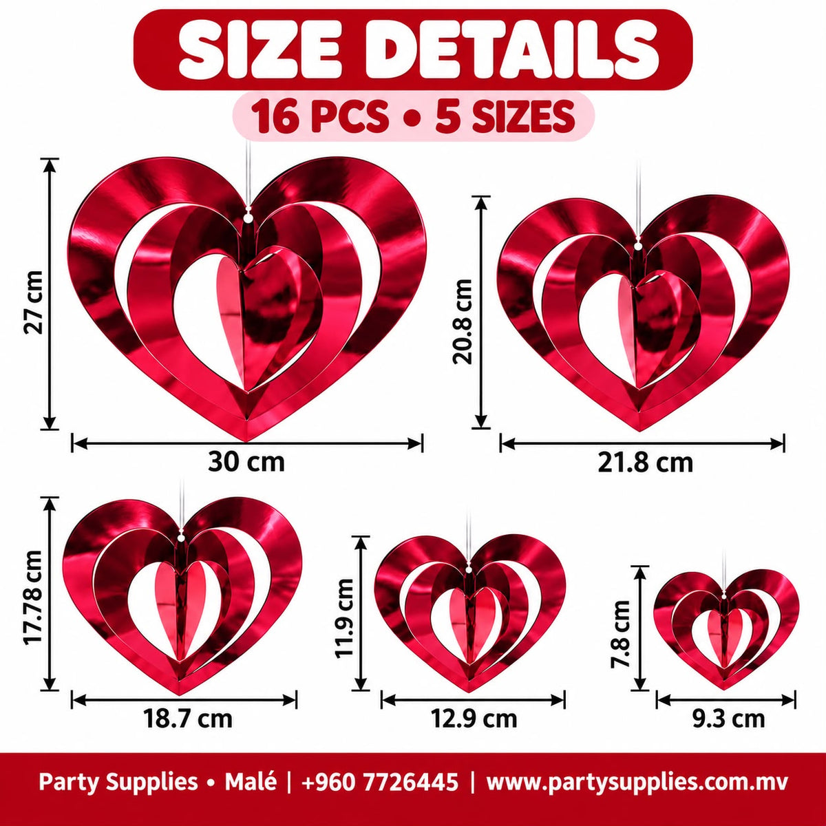 16pcs 3D Wine Red Heart Hanging Decorations