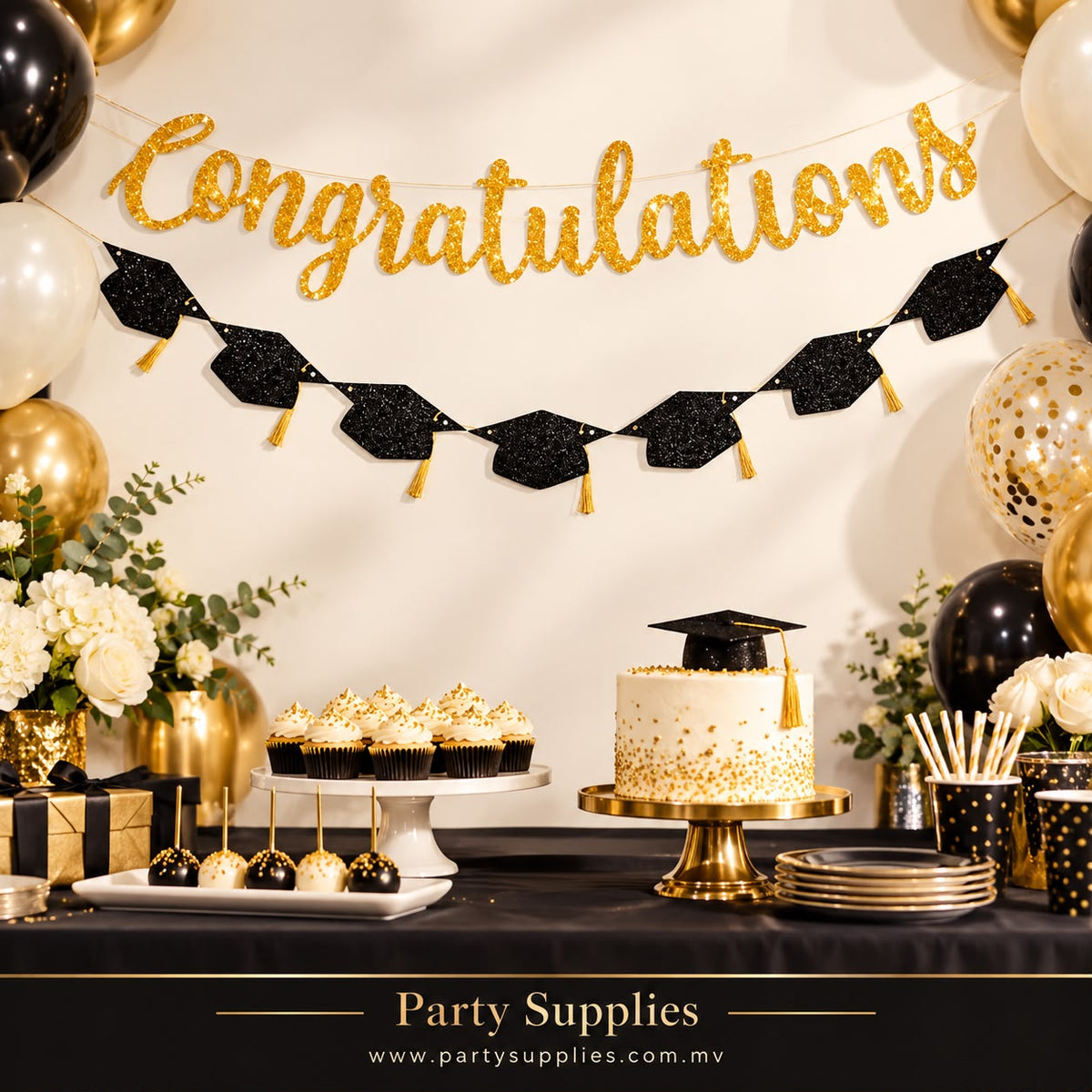 Gold Glitter “Congratulations” Banner with Black Graduation Caps