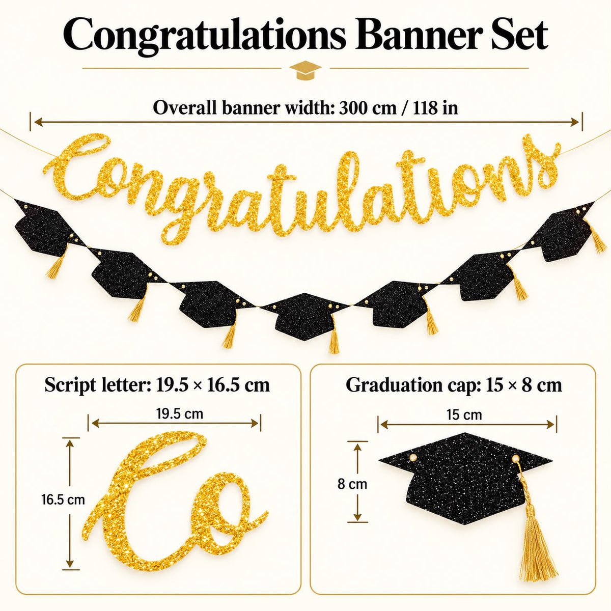 Gold Glitter “Congratulations” Banner with Black Graduation Caps