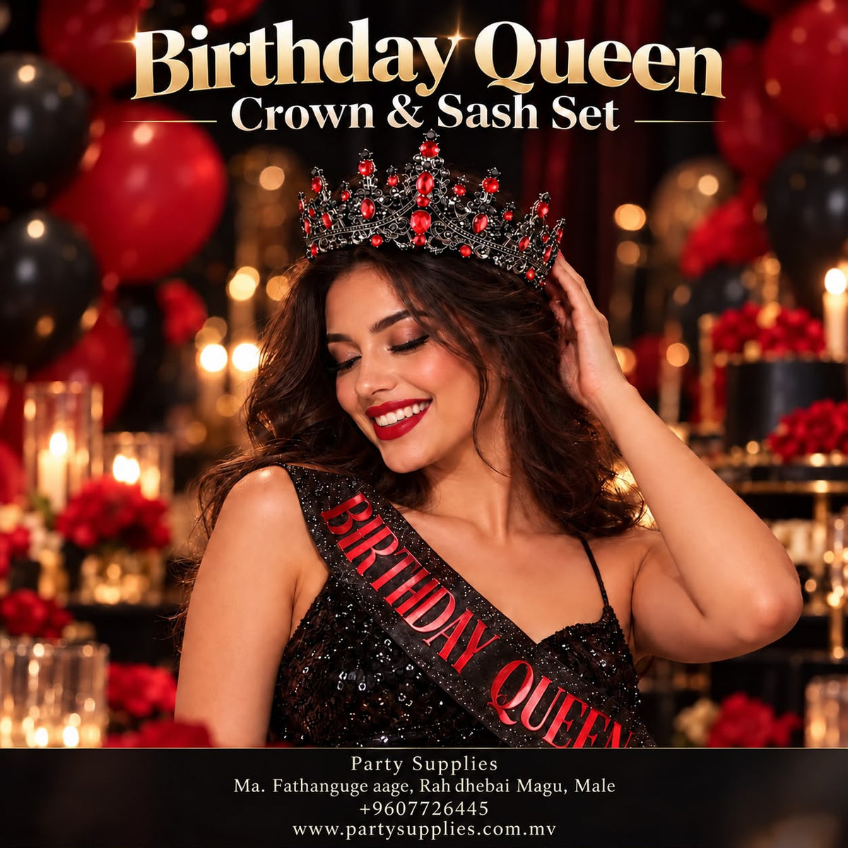 Red & Black Birthday Queen Crown and Glitter Sash Set