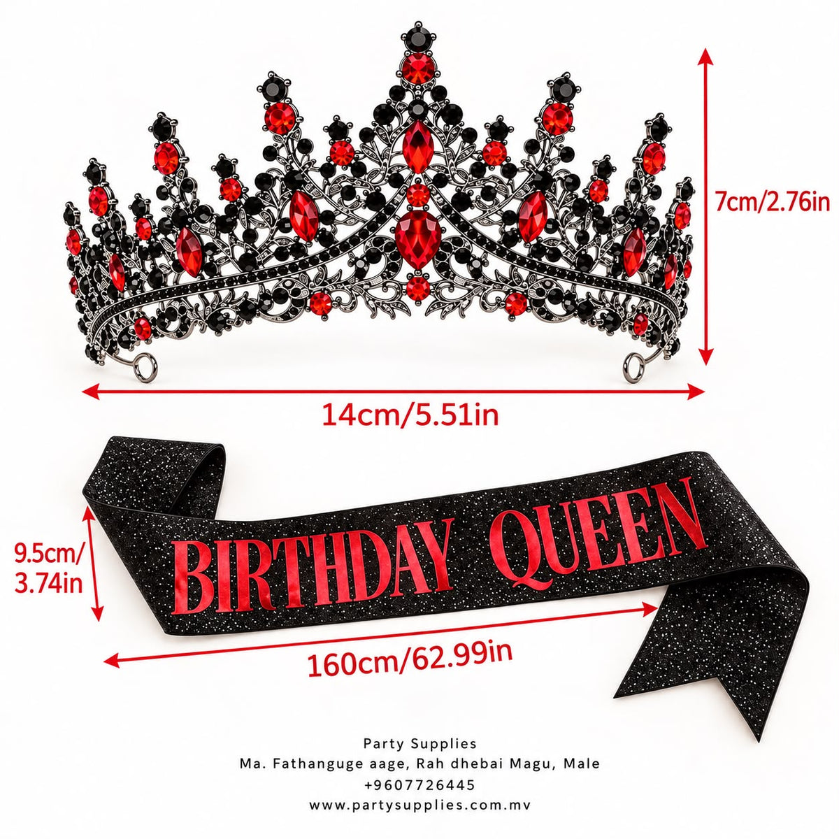 Red & Black Birthday Queen Crown and Glitter Sash Set