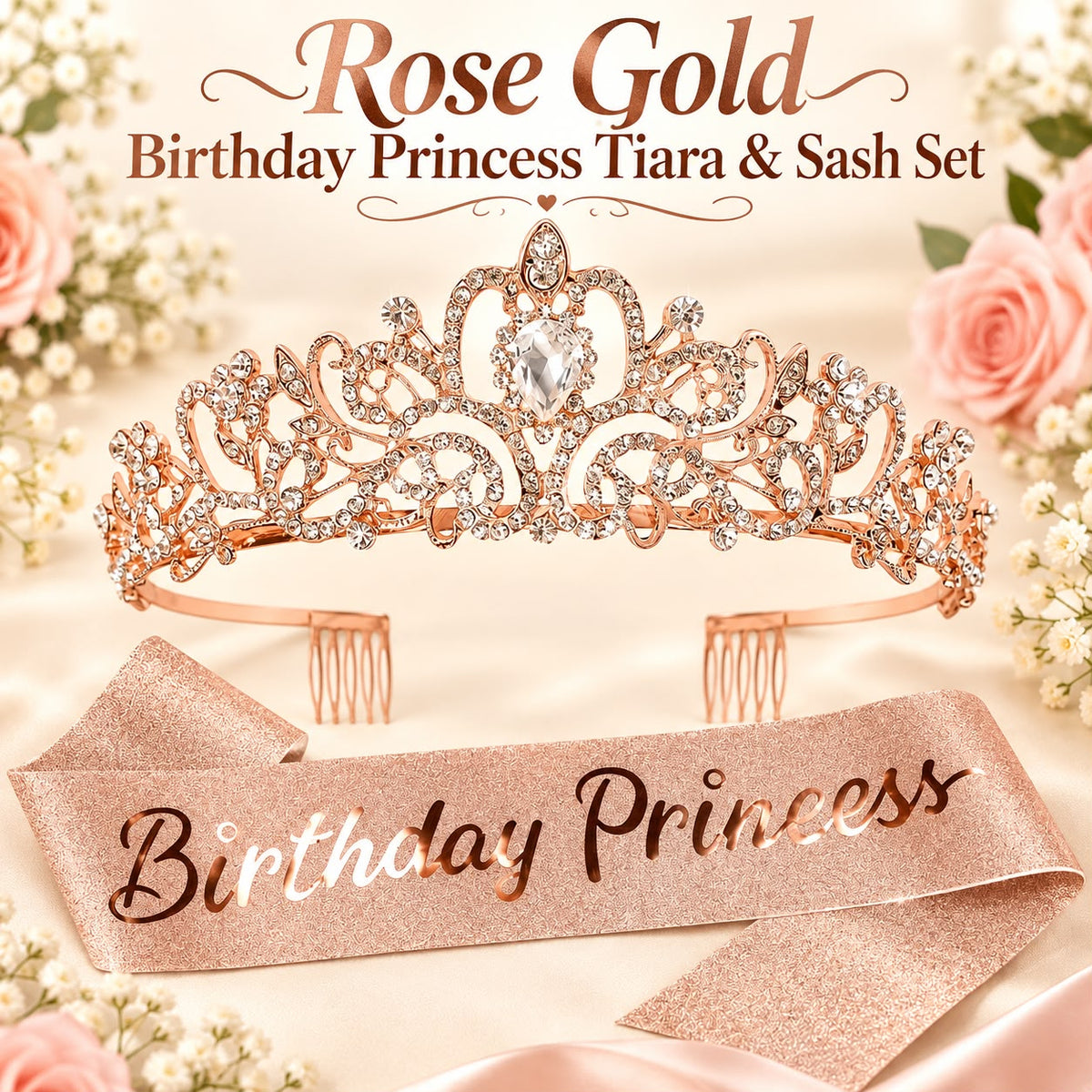 Rose Gold Birthday Princess Tiara &amp; Sash Set