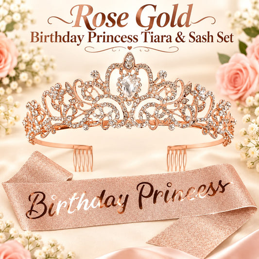 Rose Gold Birthday Princess Tiara and Sash Set