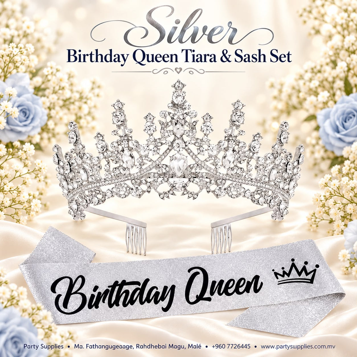 Silver Birthday Queen Tiara & Sash Set