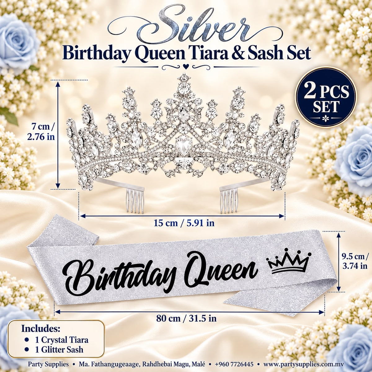 Silver Birthday Queen Tiara & Sash Set
