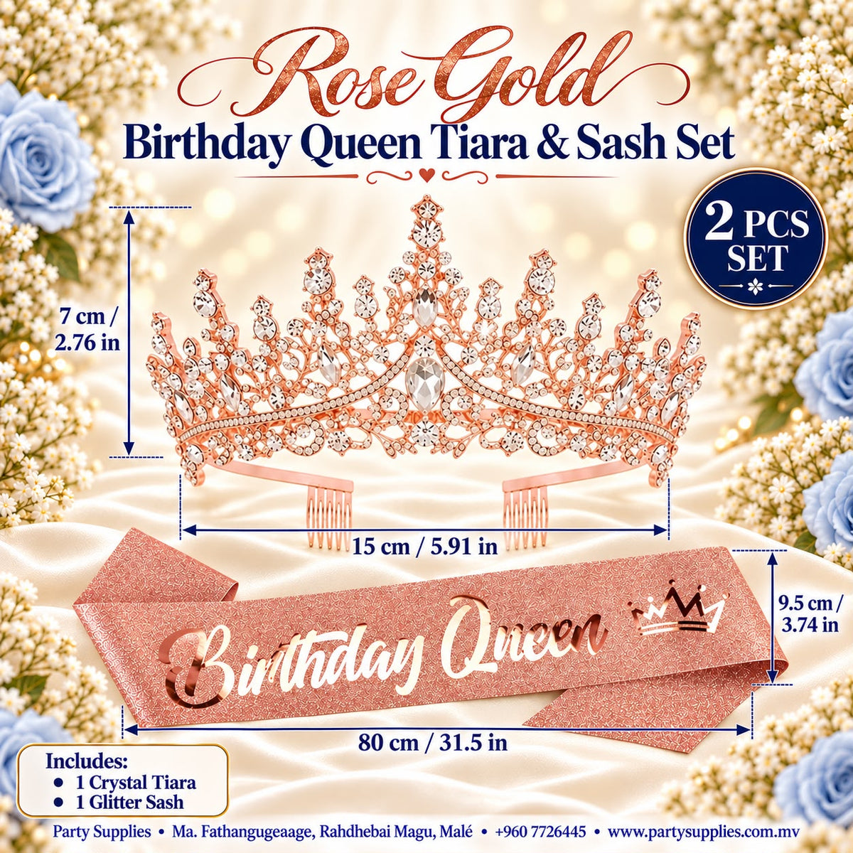 Rose Gold Birthday Queen Tiara & Sash Set