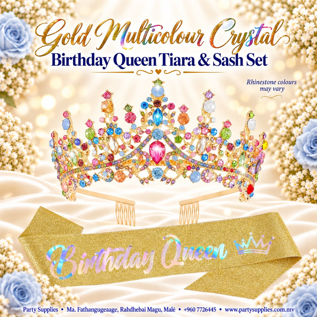 Gold Multicolour Crystal Birthday Queen Tiara & Sash Set