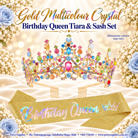 Gold Multicolour Crystal Birthday Queen Tiara & Sash Set