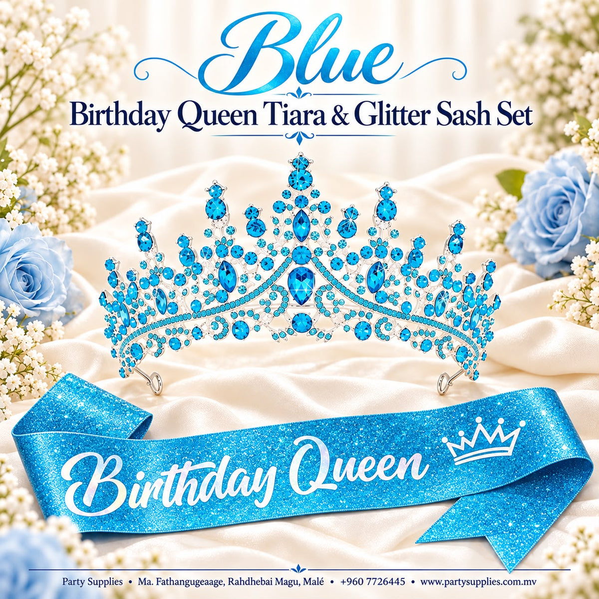 Blue Crystal Birthday Queen Tiara & Glitter Sash Set
