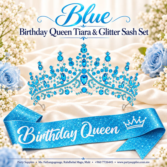Blue Crystal Birthday Queen Tiara & Glitter Sash Set