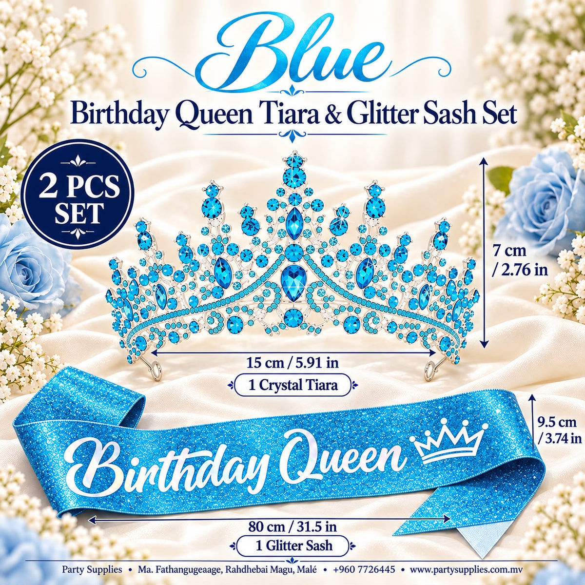 Blue Crystal Birthday Queen Tiara & Glitter Sash Set
