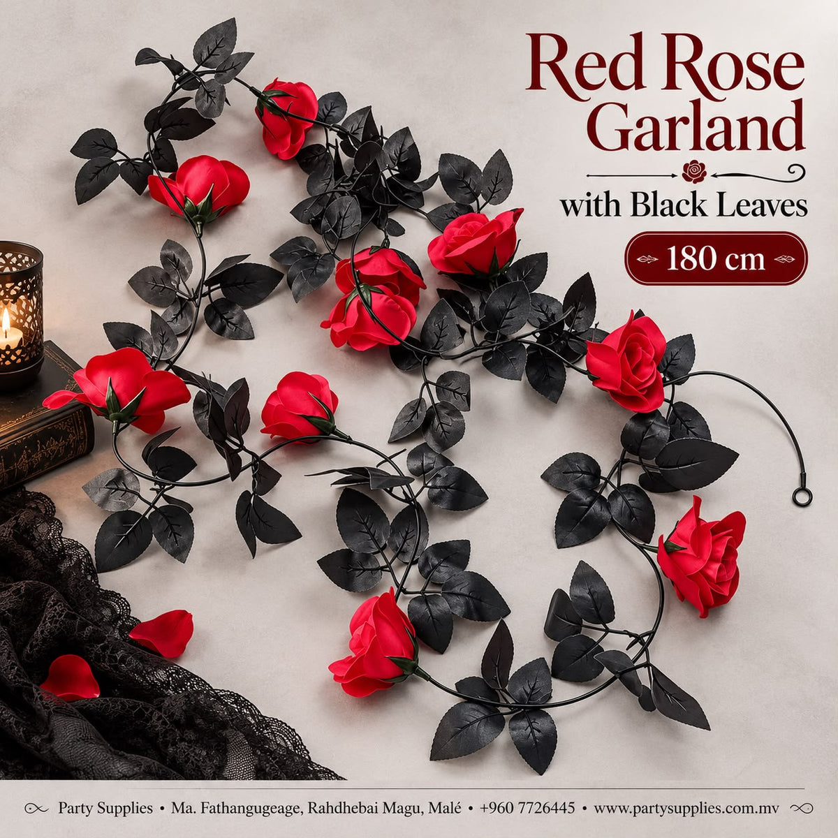 Red Rose Garland with Black Leaves