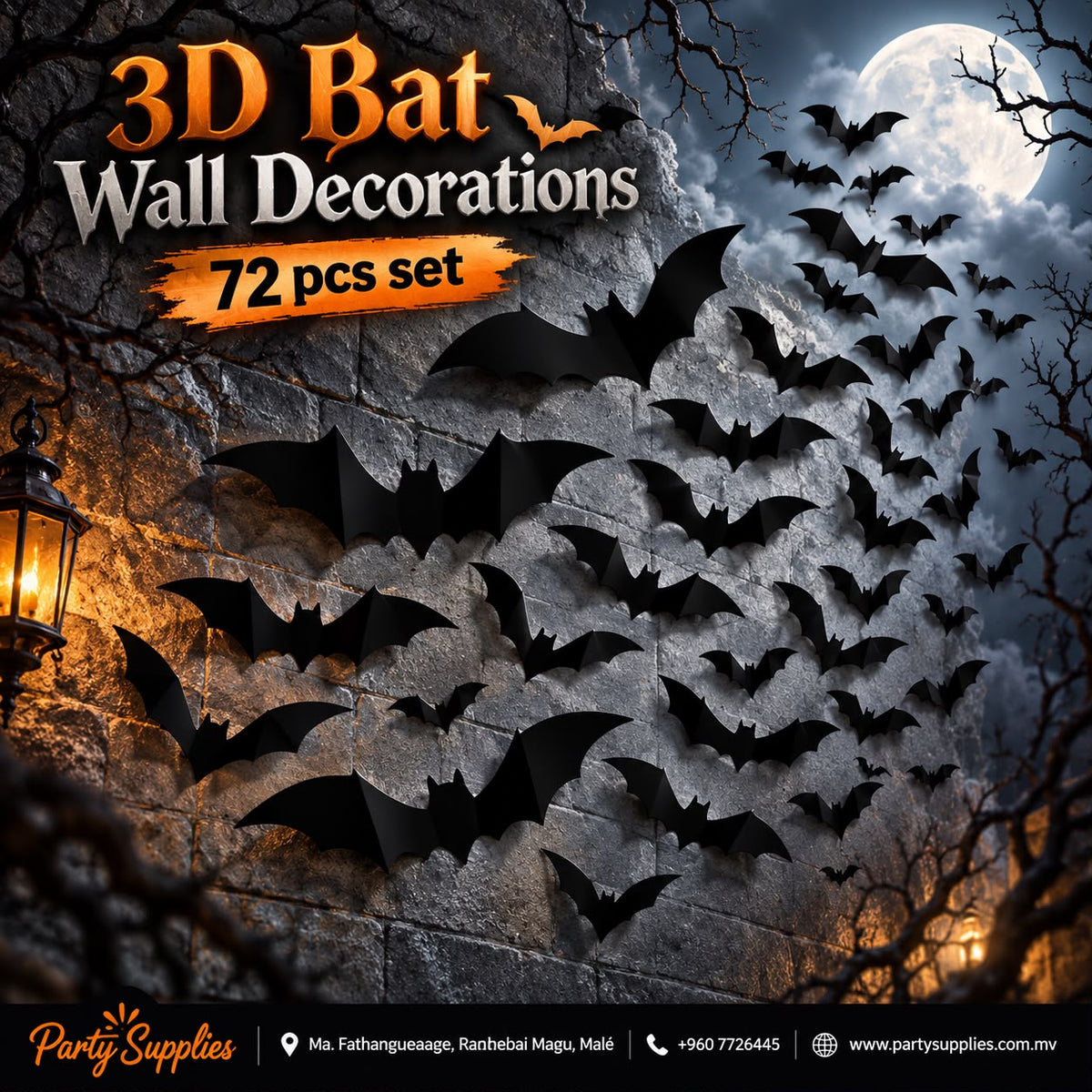 3D Bat Wall Decorations – 72 pcs Set